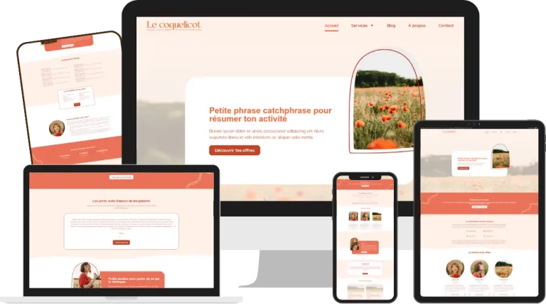Mock-up du modèle de site web Coquelicot. Template de site internet à personnaliser facilement
